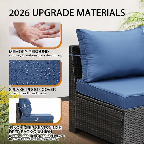 JOYURE 6 Pieces Patio Furniture Set All-Weather Outdoor Wicker Sectional Conversation Sofa Rattan Patio Seating Sofa with Cushion and Glass Table for Porch Poolside,Navy