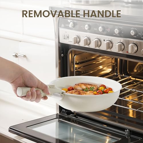 Simple Deluxe 12 Pcs Non-Stick Cookware Set, with Beige Granite Texture and Detachable Handles, Resistant to High Temperatures, Oven Safe, PFAS and PFOA Free