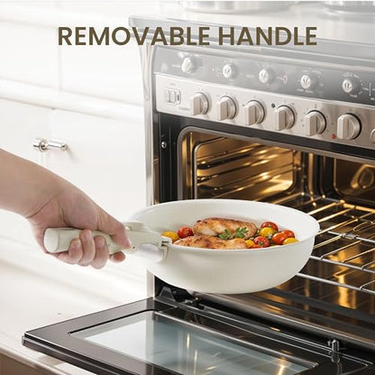 Simple Deluxe 12 Pcs Non-Stick Cookware Set, with Beige Granite Texture and Detachable Handles, Resistant to High Temperatures, Oven Safe, PFAS and PFOA Free
