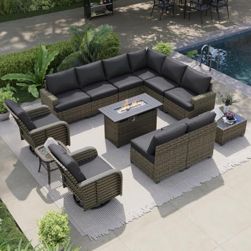 LazySunsets 13 Piece Patio Furniture Set with Fire Pit Table, Black