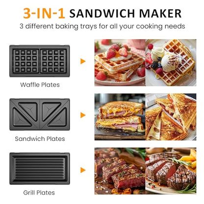 3 in 1 Electric Sandwich Maker with Removable Nonstick Plates - 750W, Black for Belgian Waffle/Panini/Grill/Pancake Griddle/Breakfast, Dishwasher Safe, Cool Touch Handle, Easy to Clean & Store