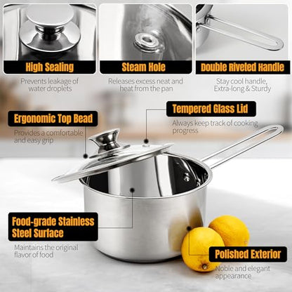 Aufranc Stainless Steel pots and pans set, 6 Piece Nonstick Kitchen Induction Cookware Set,Works with Induction/Electric and Gas Cooktops, Nonstick, Dishwasher
