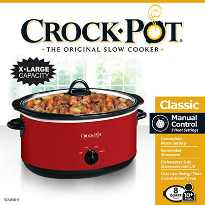 Crock-Pot 8-Quart Manual Slow Cooker, XL Family Size Serves 10+ People, Removable Stoneware with Warming Setting, Dishwasher Safe for Easy Cleanup, Red