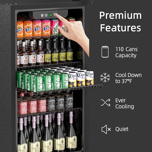 Erivess Beverage Refrigerator and Cooler, 110 Can/3.1 Cu Ft Mini Fridge with Glass Door, Adjustable Shelves for Soda,Bee,Wine, Free Standing Small Refrigerator, Digital Display, for Home, Bar, Office