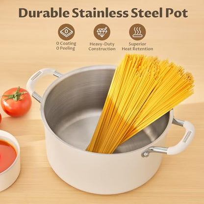 8 Quart Nonstick Stock Pot with Lid, BEZIA Fully-Clad 3-Ply Stainless Steel Pots, Induction Soup Pot with Lid, Kitchen Cooking Pots with Silicone Handle, for All Cooktops, Free of PTFE/PFOA/PFOS