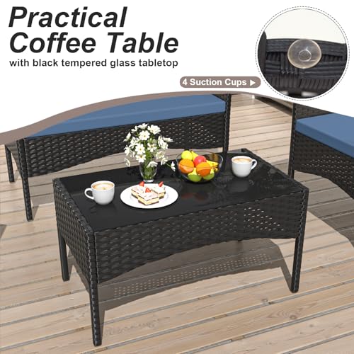 ASJMR 4 Piece Patio Rattan Conversation Set, Outdoor Rattan Chair Wicker Furniture Set, Couple Seats and Tempered Glass Table,Comfort Seat for Patio, Pool or Backyard, Navy