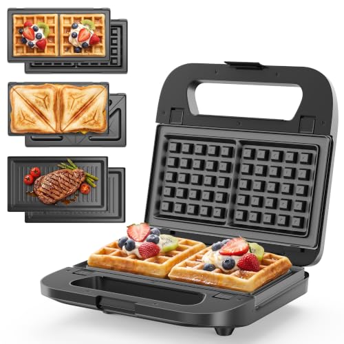 3 in 1 Electric Sandwich Maker with Removable Nonstick Plates - 750W, Black for Belgian Waffle/Panini/Grill/Pancake Griddle/Breakfast, Dishwasher Safe, Cool Touch Handle, Easy to Clean & Store