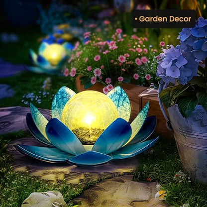 GIGALUMI Solar Light Outdoor Garden Decor, Lotus Flower Light Crackle Globe Glass Lantern Outdoor Table Decor Waterproof for Patio, Lawn, Pathway, Pool, Pond, Christmas Gift (Blue Petal)