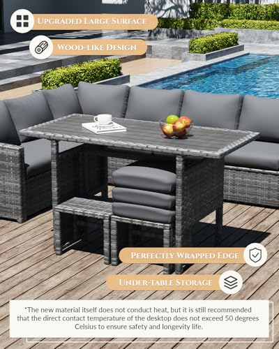 U-MAX 7 Pieces Patio Furniture Set with Waterproof Cover, Outdoor Sectional Sofa Conversation Set, All Weather Wicker Rattan Dining Table & Chair with Ottoman, Grey Rattan&Grey Cushion