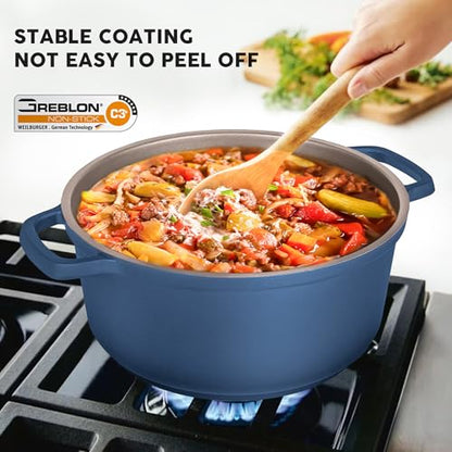 INSETFY Large Dutch Oven Pot with Lid-7.5QT Cast Aluminum Oven Pot with Two Handles Lightweight for Bread Baking Braising and Roasting(Blue)