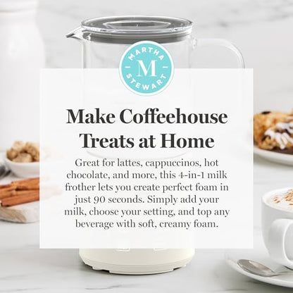 Martha Stewart Milk Frother and Steamer, 10oz/300ml Glass Cup, 4 Presets (Cold Foam, Light, Dense & Hot Chocolate), Ready in 90 Seconds, Cordless Pouring, One-Touch for Hot and Cold Milk, Linen Cream