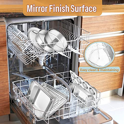 E-far 10-Piece Baking Pans set, Stainless Steel Bakeware Set for Oven, Include Cake Pan/Baking Cookie Sheet/Pizza/Muffin/Loaf Pan, Non-Toxic & Heavy Duty, Dishwasher Safe