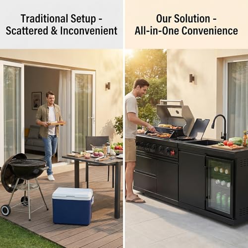 84 Inches Outdoor Kitchen Island, 5-Burner 75300 BTU Propane Stainless Steel BBQ with Side Burner, Refrigerator and Sink, Rotisserie, Granite Countertops, Storage for Backyard BBQ (Black)