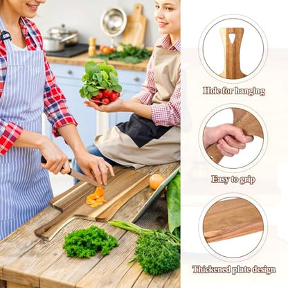 4 PCS Thick Acacia Wood Cutting Board with Handle, Assorted Sizes Large Wooden Charcuterie Boards Set Serving Tray for Cheese, Meat, Pizza, Vegetables, Bread, Kitchen Counter, Dining Room