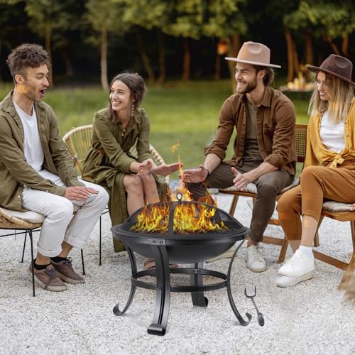 22 Inches Portable Fire Pit Outdoor Wood Burning Steel Lightweight BBQ Grill Firepit Bowl with Log Grate&Poker for Outside Patio Campfire Bonfire Backyard