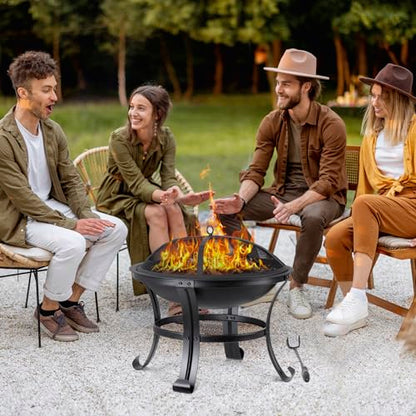 22 Inches Portable Fire Pit Outdoor Wood Burning Steel Lightweight BBQ Grill Firepit Bowl with Log Grate&Poker for Outside Patio Campfire Bonfire Backyard