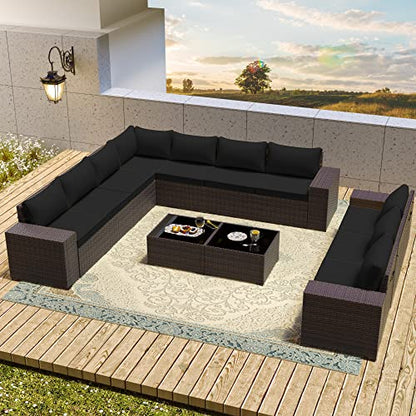 RTDTD 12 PCS Outdoor Patio Furniture Set,Outdoor Sectional Furniture All Weather PE Rattan Wicker Patio Conversation Set with 2 Coffee Tables and 10 Thickened Cushions,Black