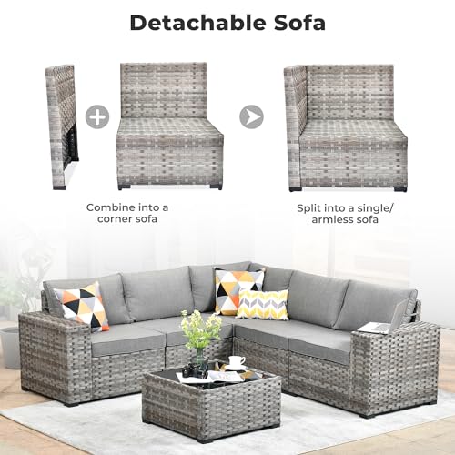 ovios 6 Pieces Patio Furniture Set, Outdoor Wicker Sectional Sofa with Coffee Table Comfy Cushions, Modern Modular Deep Seat Couch Rattan Conversation Set, Dark Grey