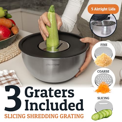 Priority Chef Stainless Steel Mixing Bowls with Lids Set, Metal Nesting Bowls with Airtight Lids, Graters, Non-Slip Base & Measurement Marks, Includes Utensil Set for Prep, Baking & Storage, Black