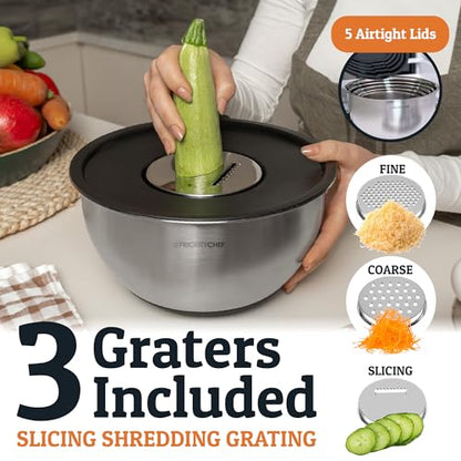 Priority Chef Stainless Steel Mixing Bowls with Lids Set, Metal Nesting Bowls with Airtight Lids, Graters, Non-Slip Base & Measurement Marks, Includes Utensil Set for Prep, Baking & Storage, Black