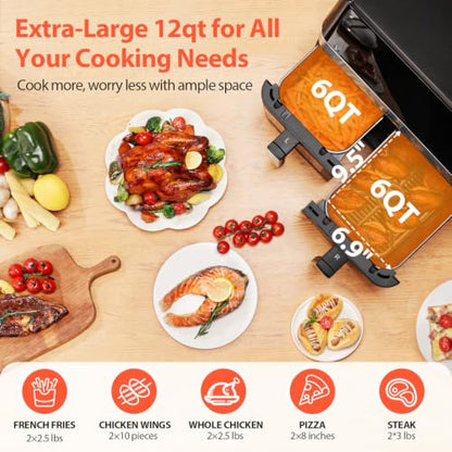 12QT Large Dual Air Fryer, 10-in-1 with SyncCook, ProTemp & UltraCrisp Tech