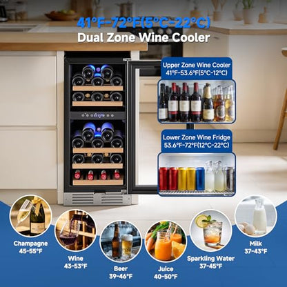 BODEGA 15 Inch Wine Fridge, 30 Bottle Dual Zone Wine Cooler, 41-72℉ Compressor Wine Refrigerator with Tempered Glass Door, Built-in or Freestanding Wine Cooler for Home Kitchen Bar (3.2 cu.ft).