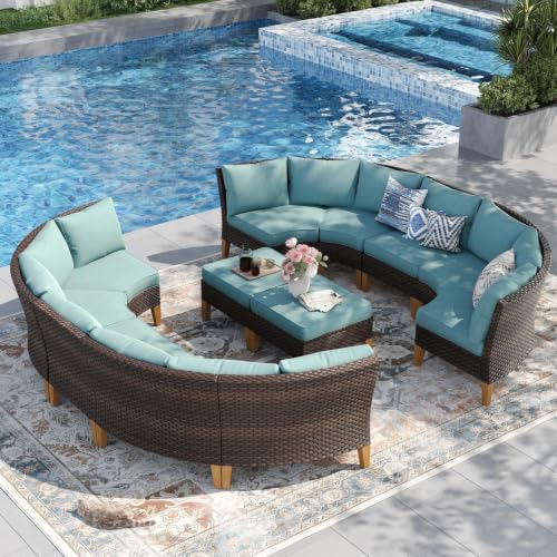 PHI VILLA 12 Pieces Wicker Patio Furniture Sofa Set, Half Moon, Aqua Blue