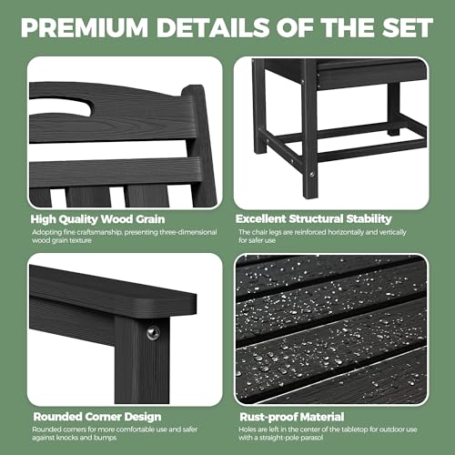 SUUNYN HDPE Outdoor Patio Dining Set with Table & 4 Chairs, All-Weather 5-Piece Outdoor Table and Chairs, 2" Umbrella Hole, Patio Furniture for Garden, Backyard, Deck | Matte Black