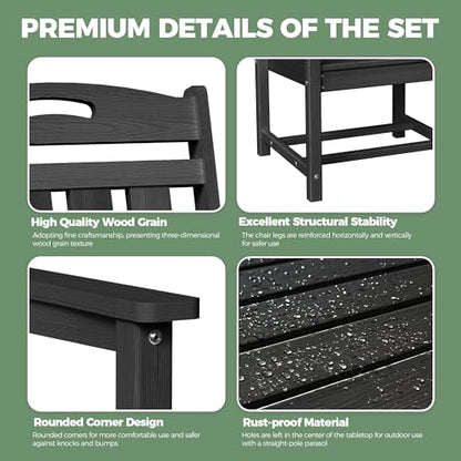 SUUNYN HDPE Outdoor Patio Dining Set with Table & 4 Chairs, All-Weather 5-Piece Outdoor Table and Chairs, 2" Umbrella Hole, Patio Furniture for Garden, Backyard, Deck | Matte Black