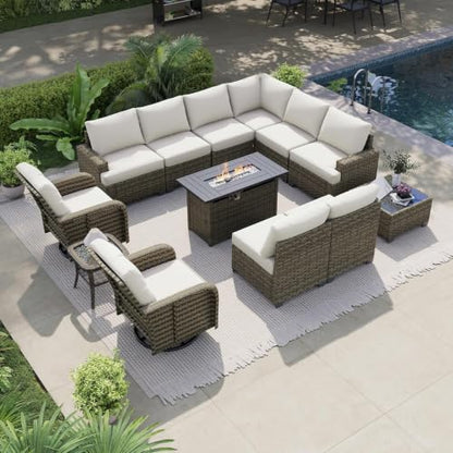 LazySunsets Luxury 13 Piece Patio Furniture Set with Fire Pit Table, Beige