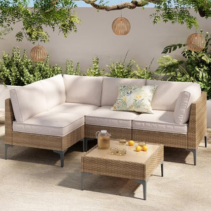 SunloungeCo 5-Piece Patio Furniture Set, Outdoor Wicker Sectional Sofa with Coffee Table, Anti-Slip & Thick All-Weather Cushions for Party, Garden, Backyard, Beige