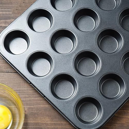 Aybloom Nonstick 24 Cups Mini Muffin Pan with Extended Handles for Easy Grip, Carbon Steel Steel to Promoted Even Baking, Dishwasher Safe (Black)