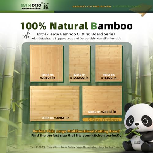 BAMOTTO CRAFTBAMBOO 30 x 21 in Extra Large Bamboo Cutting Board, Stovetop Cover, Sink Cover, Noodle Board with Detachable Legs & Detachable Non-Slip Front Lip for Kitchen Countertop