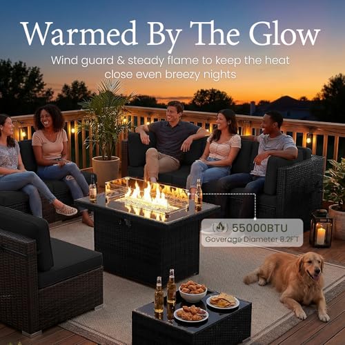 LayinSun 15 Piece Patio Furniture Set with Fire Pit Table, Outdoor Conversation Sets Wicker Rattan Sectional Sofa with Coffee Table