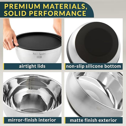 Baker's Signature Stainless Steel Mixing Bowls with Lids Set, 5 Sizes, 3 Graters, Non-Slip Base, Airtight Lids, Metal Mixing Bowls for Kitchen, Food Prep, Storage, 0.63QT-5QT, Black
