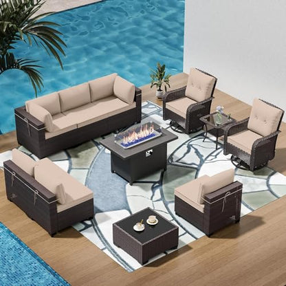 RTDTD 11 Pieces Outdoor Patio Furniture Set,Outdoor Sectional Furniture with 45" 55000 BTU Gas Propane Fire Pit Table,PE Rattan Wicker Patio Conversation Set,Swivel Rocking Chairs Set,Sand