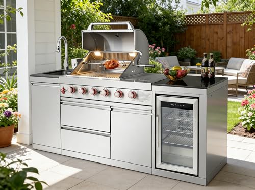 85 Inch Outdoor Kitchen Island with Bar Table, 4 Burner Propane Gas BBQ Grill 71500 BTU, 304 Stainless Steel, Single-Door Refrigerator, Stainless Steel Sink with Faucet, For Backyard BBQ, Sliver
