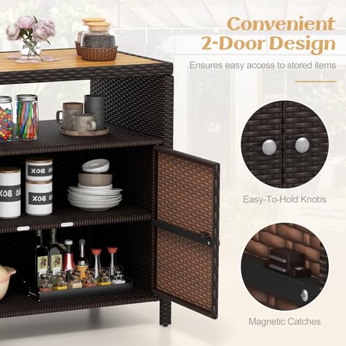 Tangkula Rattan Outdoor Storage Cabinet, Patiojoy Outdoor Cabinet with Acacia Wood Countertop, Open Compartment, 2-Door Wicker Sideboard, Outdoor Bar for Patio Garden Backyard Poolside (Mix Brown)