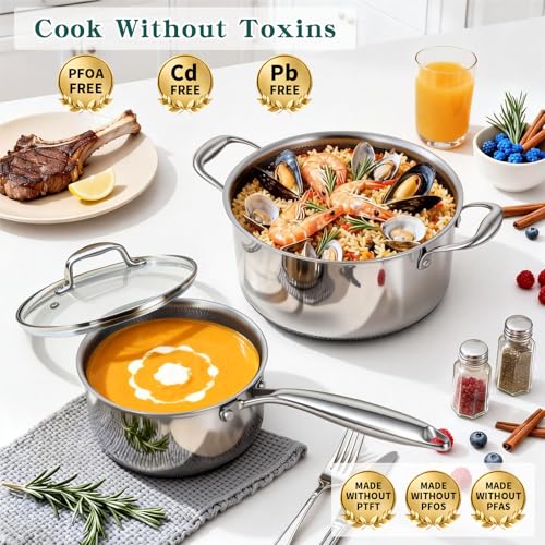 Yoehka 14-Piece Hybrid Stainless Steel Cookware Set, Pots and Pans Set with 3 Silicone Trivets | Induction Compatible Frying Pans, Saucepans, Saute Pan & Stock Pot | Oven Dishwasher Safe, PFOA Free