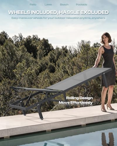 Oasbira Aluminum Outdoor Lounge Chairs Set of 2, Pool Lounge Chairs with Wheels and 5-Position Recliner -Easy to Move- Patio Chaise Lounge Outdoor for Poolside, Deck, Beach (Darkgray)