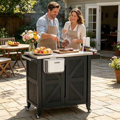 evixor Outdoor Grill Cart with Stainless Steel Tabletop, Outdoor Kitchen Island with Storage Cabinet, Grill Cart with Folding Trash Can, 4 Wheels (2 Lockable) for Patio, Backyard, Garden and Poolside