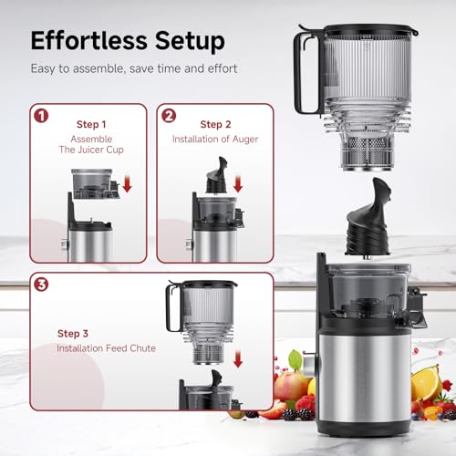 Cold Press Juicer Machine with 6" Extra-Wide Feed Chute,Triple Stainless Steel Filter,Quiet DC Motor,Easy to Clean,Slow Masticating Juicer High Juice Yield, Grey