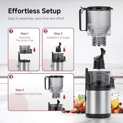 Cold Press Juicer Machine with 6" Extra-Wide Feed Chute,Triple Stainless Steel Filter,Quiet DC Motor,Easy to Clean,Slow Masticating Juicer High Juice Yield, Grey