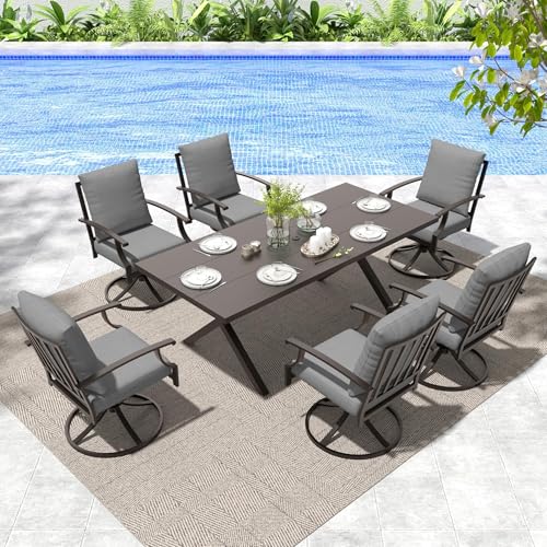 Gotland 7 Piece Outdoor Dining Set, Metal Outdoor Table and Swivel Chairs with X-Shaped Legs 1.5" Umbrella Hole, Patio Furniture Set with Waterproof Cushions, Patio Dining Sets for Backyard Deck Gray