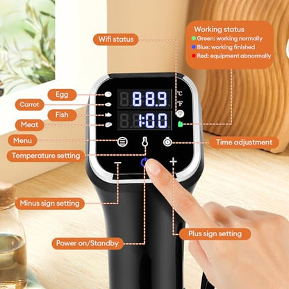 Upgraded 2.4G WiFi Sous Vide Cooker, 1100W Precision Immersion Circulator with ±0.1℉ Temp Control, IPX7 Waterproof, Quiet Operation, LED Display & 4 Safety Protections