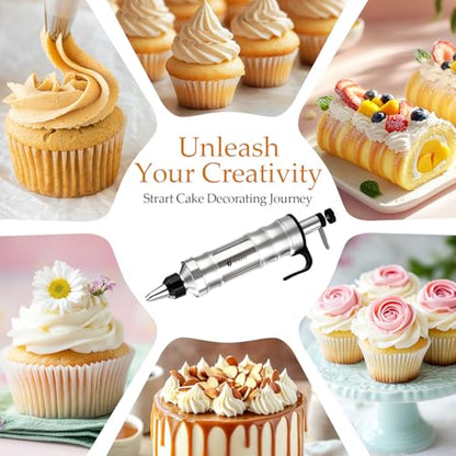 Dessert Decorating Syringe Set Icing Piping Kit Frosting Piping Kit Stainless Steels Cake Decorating Kit with 10 food grade stainless steel piping tips & 50 Disposable Piping Bags Black