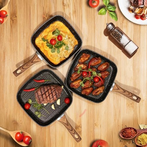 OLIXIS Nonstick Frying Pan Skillet Set, 3 Piece Square Grill Pans for Indoor Outdoor RV Camping Cooking, PFOA Free Skillet Set with Stay Cool Handle, Compatible with All Stovetops (9.5" 10" 11") Black