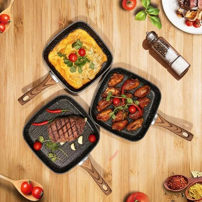 OLIXIS Nonstick Frying Pan Skillet Set, 3 Piece Square Grill Pans for Indoor Outdoor RV Camping Cooking, PFOA Free Skillet Set with Stay Cool Handle, Compatible with All Stovetops (9.5" 10" 11") Black