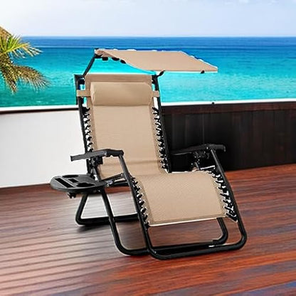 Best Choice Products Folding Zero Gravity Outdoor Recliner Patio Lounge Chair w/Adjustable Canopy Shade, Headrest, Side Accessory Tray, Textilene Mesh - Beige