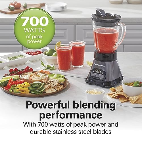 Hamilton Beach Blender and Food Processor Combo for Shakes & Smoothies, With 3 Cup Electric Food Chopper Attachment, 40 oz Glass Jar, Blender Travel Cup, 700 Watts Peak Power, Gray & Black (58163)